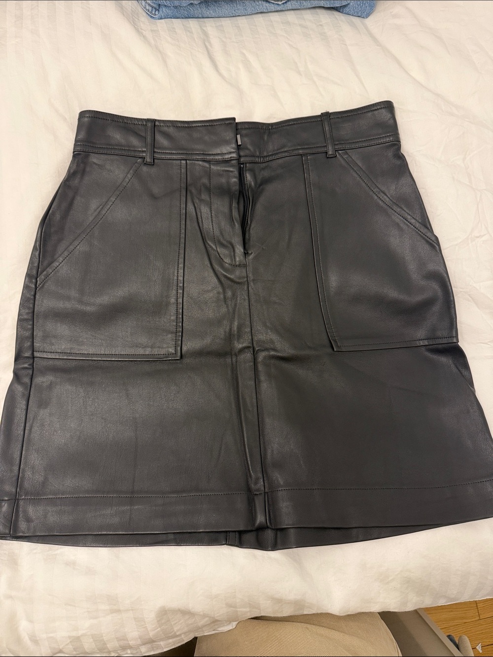 Ann Taylor Factory Black Faux Leather A-Line Mini Skirt with Front Patch Pockets